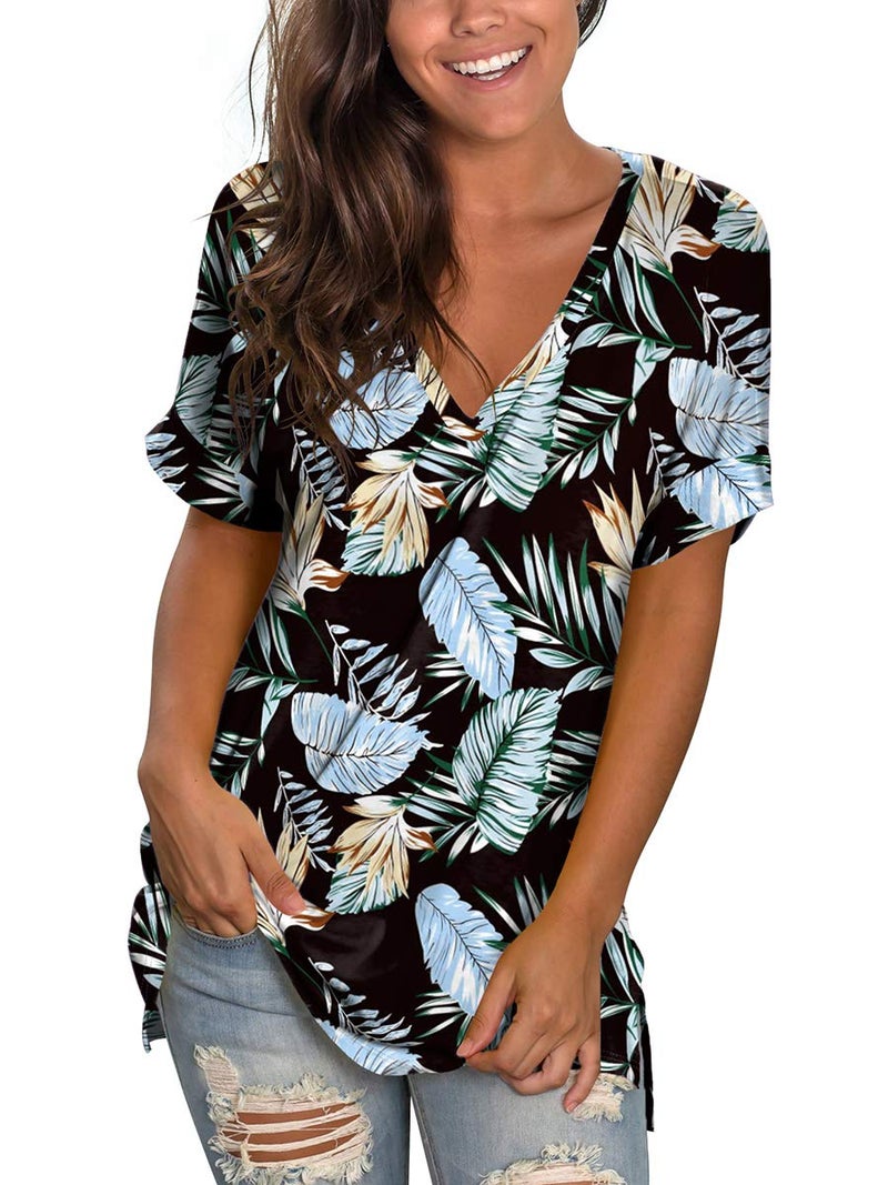 SAMPEEL Womens Tops for Work Unique Shirts Color Block Ladies Black V Neck Shirt Floral L - Image 2